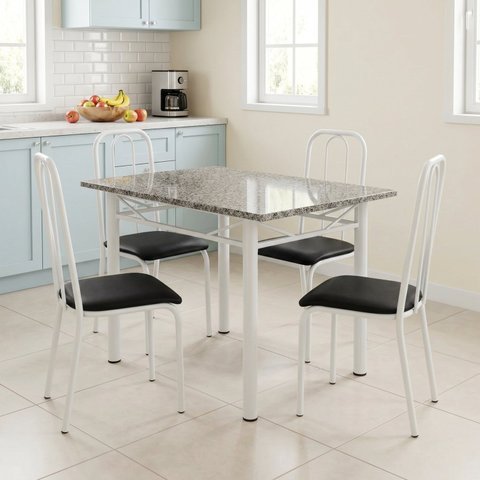 Conjunto Mesa de Jantar com 4 Cadeiras em Aço Carbono e Tampo de Granito Mescla Branco/Preto Monique