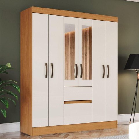 Guarda Roupa Solteiro Layla Pro 6 Portas de Bater 2 Gavetas MDP Cinamomo-Off White Casa 812 141.5cm