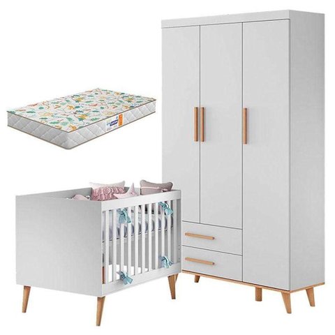 Berço Americano e Guarda Roupa Infantil Ludmila Branco Bétula com Colchão Gazin – Carolina