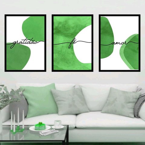 Kit 3 Quadros Gratidão, Fé, Amor - Verde 45x34cm - com vidro:Madeira preta