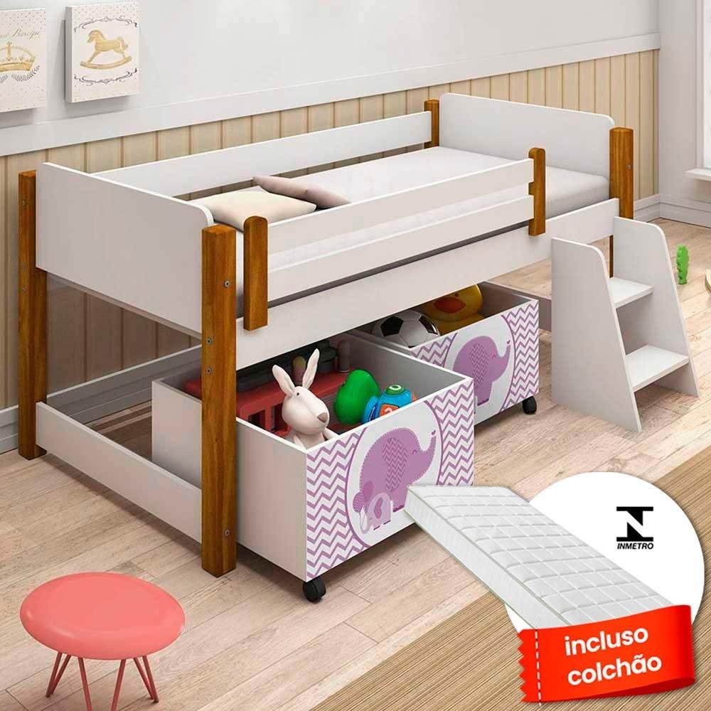 Cama para Criança com Nicho e Colchão Solteiro Branco Amêndoa Elefante ...