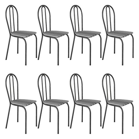 Kit 8 Cadeiras de Cozinha Texas Estampado Listrado Pés de Ferro Cromo Preto - Pallazio