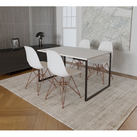 Mesa Industrial Base Ferro Preto Tampo 137x90 Branco 4 Cadeiras Eames Ferro Cobre Assento Branco