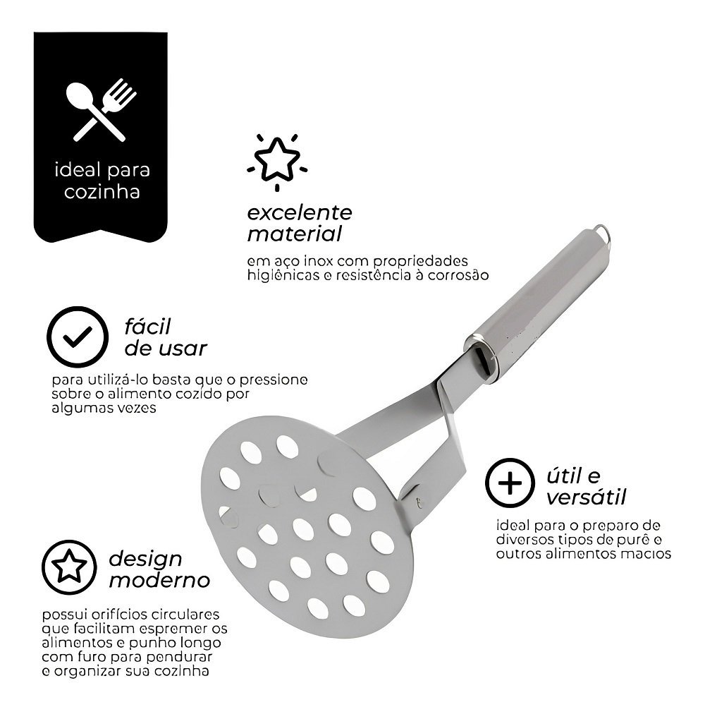 Amassador Espremedor de Batata e Legumes Profissional 25cm - Inox Prata - 2