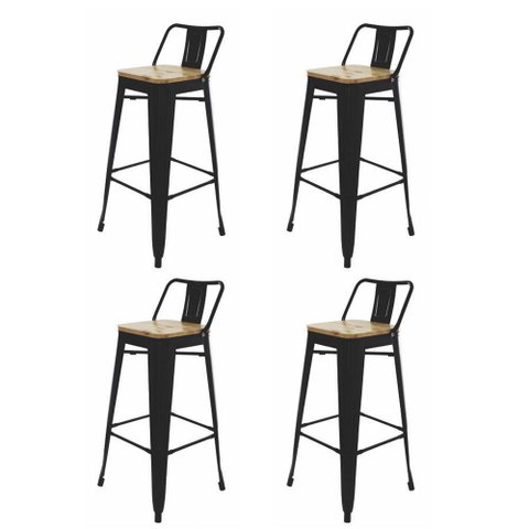 Kit 4 Banquetas Altas com Assento de Madeira Tolix Preto Preto
