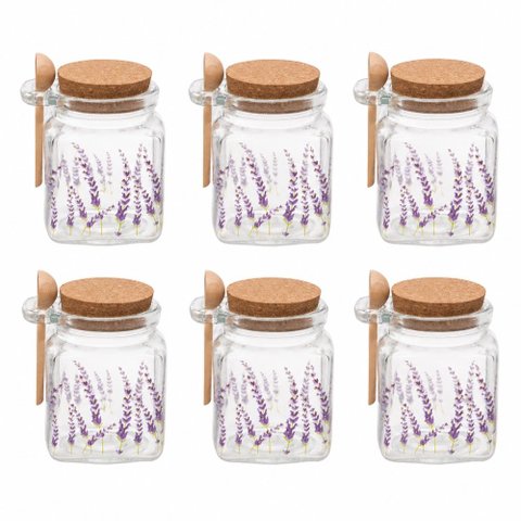 Kit 6 Porta Temperos Quadrado 290ml Lavanda Vidro com Colher de Bambu e Tampa Rolha Lyor