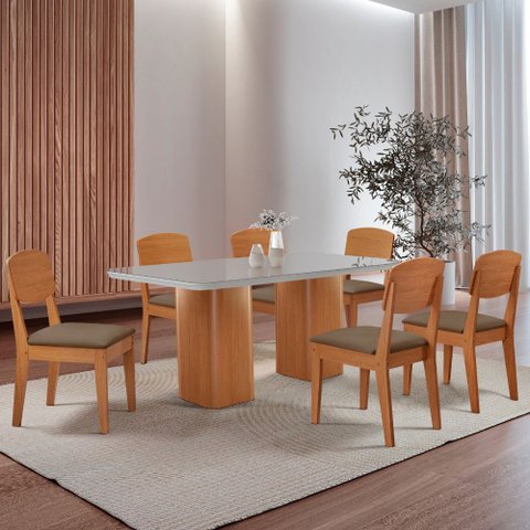 Mesa de Jantar Eloise 180cm Tampo Mdf Vidro com 6 Cadeiras Copper Moderna Mobília