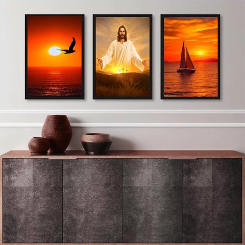 Kit 3 Quadros Evangélicos Jesus por do Sol 45x34cm - com Vidro:madeira Preta