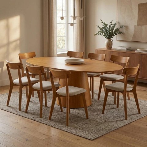 Conjunto Sala de Jantar Mesa Oval Genebra 160cm e 8 Cadeiras Rafa Yescasa Nozes / Off White
