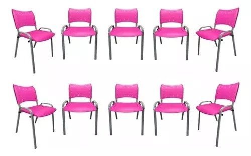 Kit Com 10 Cadeiras Iso Para Escola Escritório Comércio Rosa Base Prata - 1