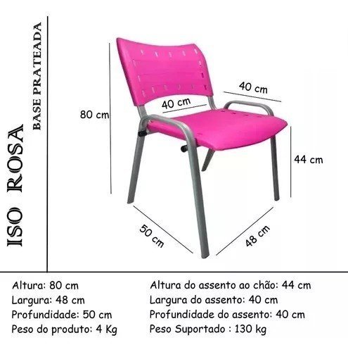 Kit Com 10 Cadeiras Iso Para Escola Escritório Comércio Rosa Base Prata - 3