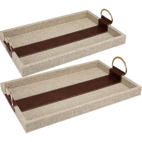 Jogo 2 Bandejas Decorativa para Servir Retangular Home&co com Alças em Metal Dourado Mdf Bege
