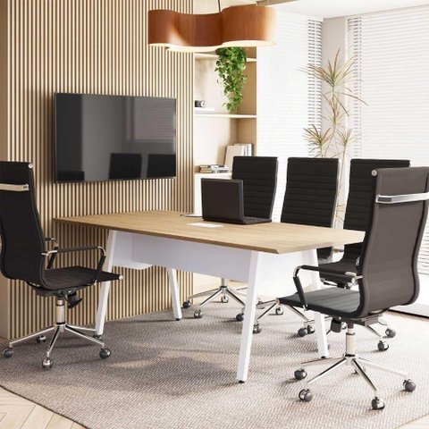 Mesa de Reunião 200cm 8 Pessoas MDP Macadâmia com Branco F5 Office