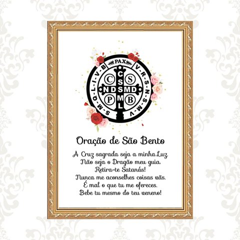 Quadro Moldura Dourada Oração São Bento 45x34cm:com Vidro