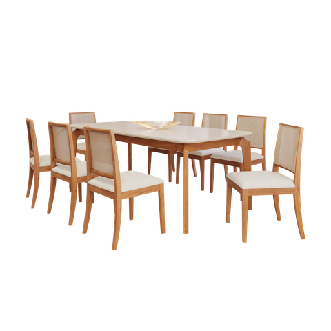 Conjunto Ficus 2,10 com 8 Cadeiras Buriti Perfeito para Salas Grandes Madeira/Off White/Linho Cru