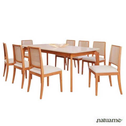 Conjunto Ficus 2,10 com 8 Cadeiras Buriti Perfeito para Salas Grandes Madeira/off White/linho Cru