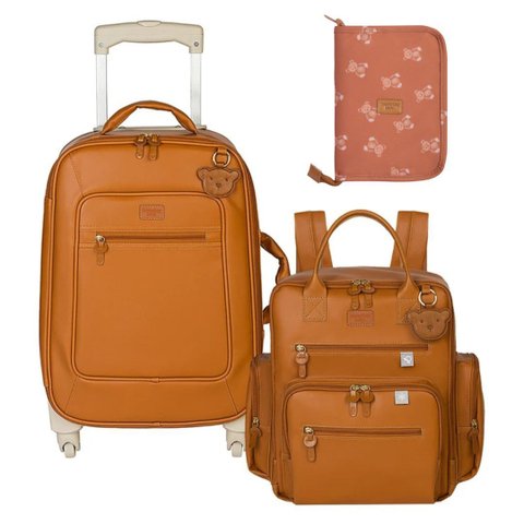 Kit Maternidade 3 Pçs Mala de Rodinhas, Mochila Urban e Porta Carteira Vacinação Teddy Caramelo
