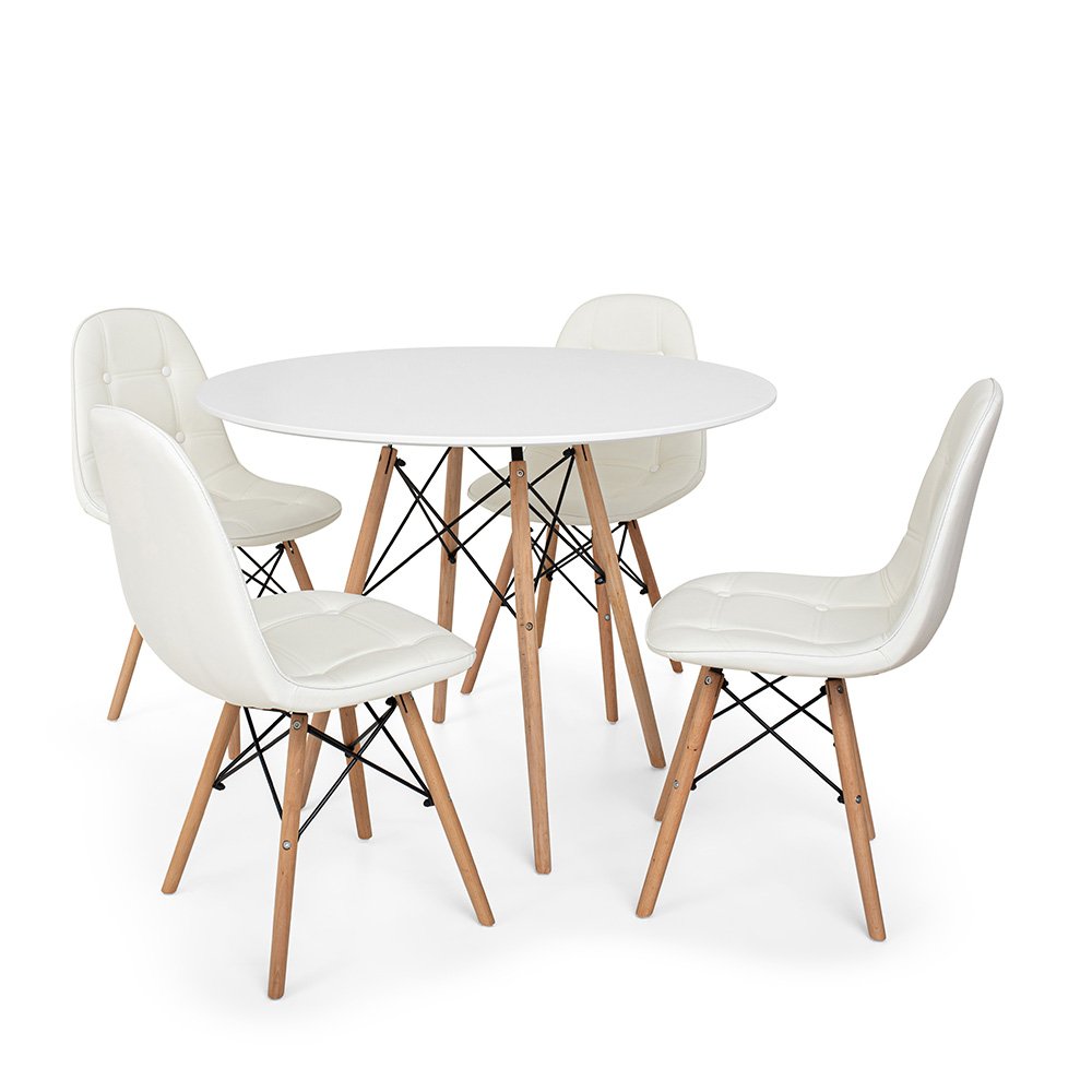 Conjunto Mesa de Jantar Eiffel 80cm Branca com 4 Cadeiras Charles Eames Wood Botonê Branca - 1
