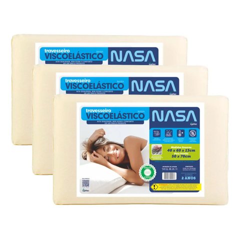 Kit 3 Travesseiro Nasa-X Viscoélastico Antiácaro 40x60x13 Creme