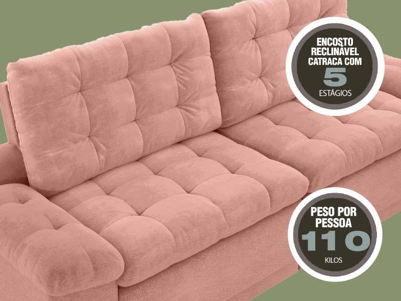 Sofá Confort 1,80m Assento Retrátil e Reclinável Velosuede Rose - NETSOFAS - 2