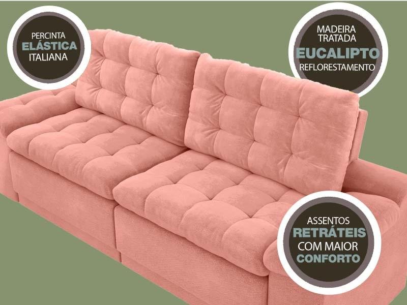 Sofá Confort 1,80m Assento Retrátil e Reclinável Velosuede Rose - NETSOFAS - 7