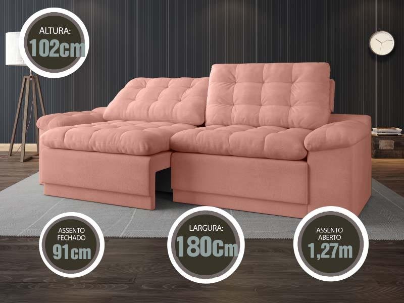 Sofá Confort 1,80m Assento Retrátil e Reclinável Velosuede Rose - NETSOFAS - 3