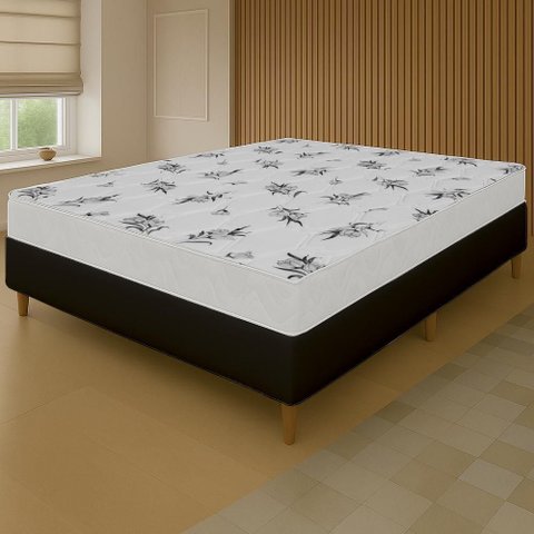 Cama Box Preta + Colchão Viúva Castelar Branco Espuma D33 Bordado 128x188x54cm