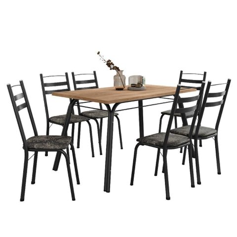 Conjunto de Mesa Sala de Jantar com 6 Cadeiras Tubular Tampo Bp Madeirado Retangular 1,36m Preto/