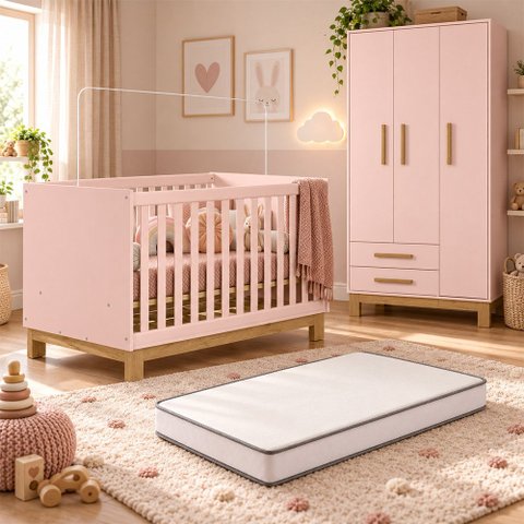 Kit Quarto de Bebê Q Encanto Slim com Berço Mini Cama Guarda Roupa 3 Portas e Colchão D18 130x70 Mov
