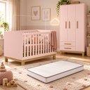 Ver imagem 1 de Kit Quarto de Bebê Q Encanto Slim com Berço Mini Cama Guarda Roupa 3 Portas e Colchão D18 130x70 Mov