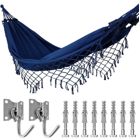 Kit Rede de Dormir Casal Azul e Preto + Ganchos Costura Reforçada