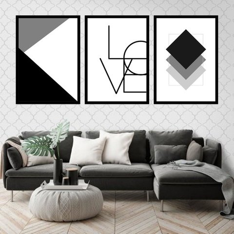 Kit 3 Quadros Love Geométrico Monocromático 24x18cm - com vidro:Madeira preta