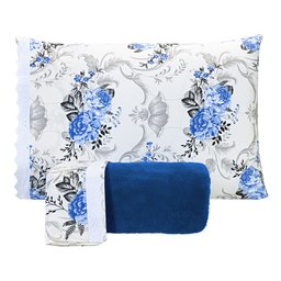 Jogo De Lençol King Manta Soft Com Elástico 3 Peças - Flores Azul Escuro - 1