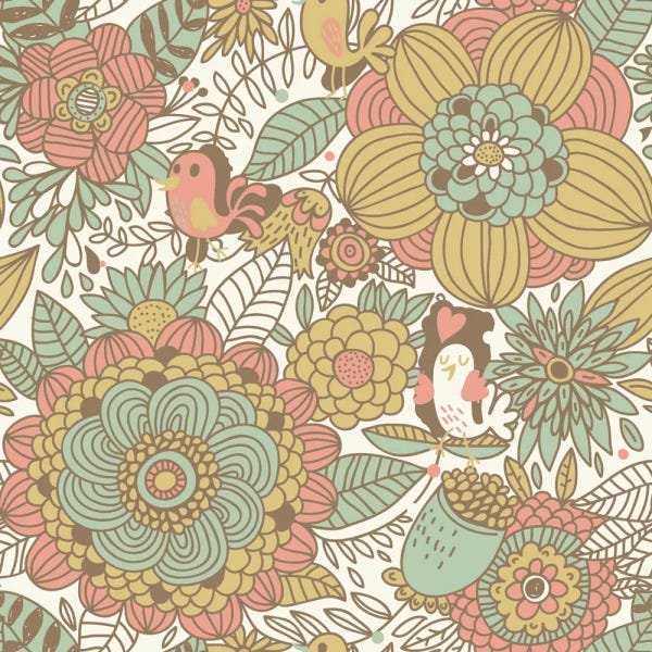 Papel de Parede Adesivo - Flores e Pássarinhos - 065ppn - 2