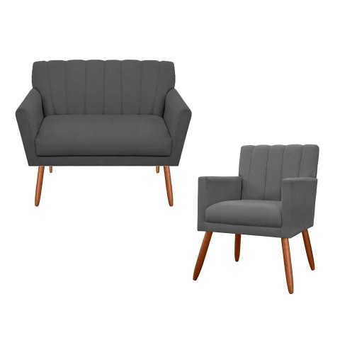 Kit Namoradeira + 1 Poltrona Decorativa Cecília Suede Cinza Pés Madeira Mz Decor