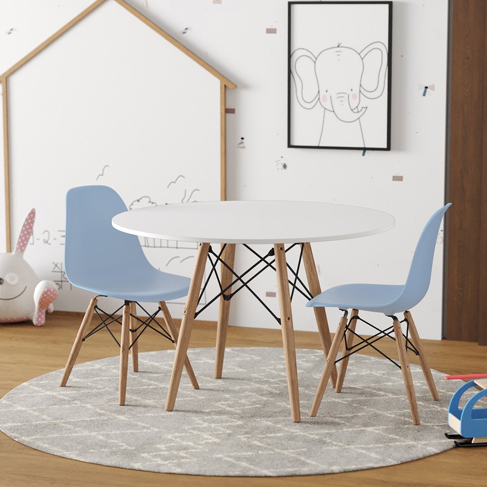 Conjunto de Mesa Eames Eiffel Madeira Infantil 68cm Redondo Branco 2 Cadeiras Azul