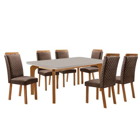 Mesa de Jantar Liz 180cm Tampo MDF Vidro Canto Copo com 6 Cadeiras Lorena Moderna Mobília