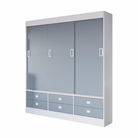 Roupeiro Casal Percasa 3 Portas de Correr 6 Gavetas 172,5cm MDP Azul Corrediças Telescópicas