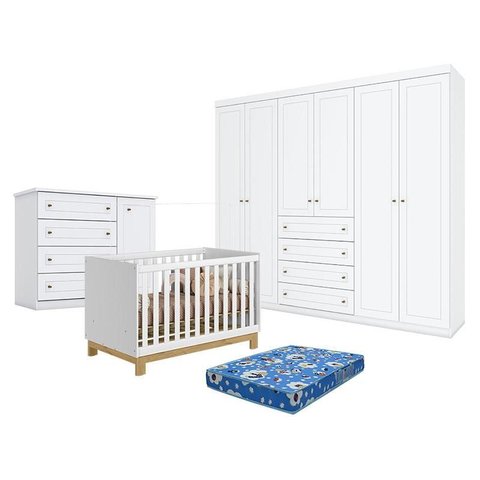 Quarto de Bebê Americano 6 Portas Com berço Americano Mini Cama Q Encanto Slim Branco Acetinado - Qm