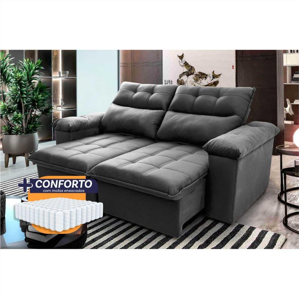 Sofá Retrátil Reclinável Verona 1,50m Suede Velut Cinza Molas Ensacadas - King House - 8