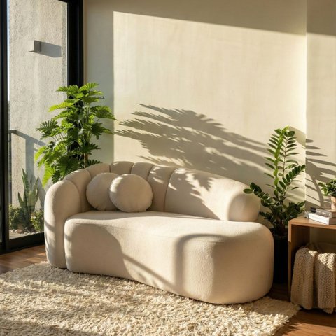 Sofá Curvo 3 Lugares Orgânico Confortável Serena Boucle Bege - Montanari's Decor
