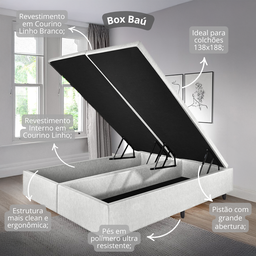 Cama Box Baú Casal Bipartido 138x188x42cm Courino Linho Branco com Pistão a Gás - 7