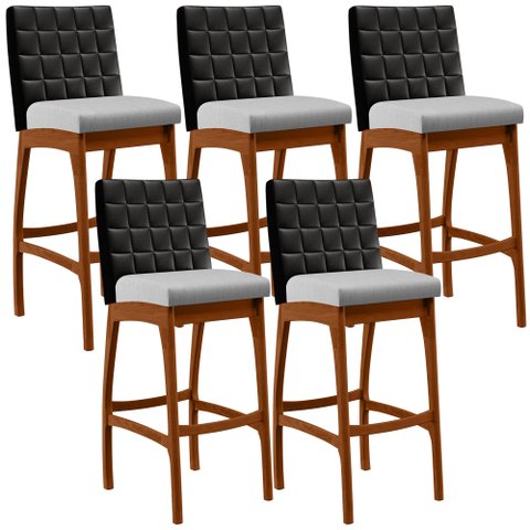 Kit 05 Banquetas Altas Cozinha Sala Jantar Fixa Mila B04 Couríssimo Preto Linho Cinza - Lyam Decor