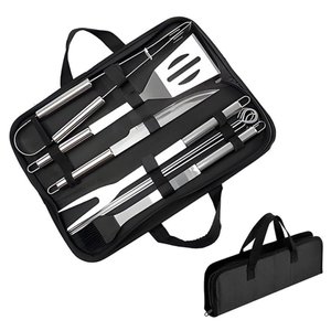 Kit Completo de Churrasco 9 Peças em Aço Inox com Bolsa Preta para Churrasqueiro