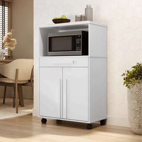 Armário Multiuso Toronto com 2 Portas 1 Gaveta e Nicho para Micro-Ondas com Rodízios Branco