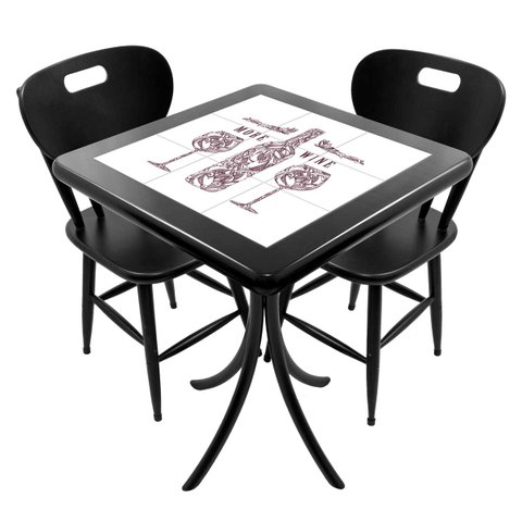 Cj Mesa Madeira Azulejo 60x60cm - Bistrô Fixa 78cm + 2 Cadeiras 43 - Preta - More Wine
