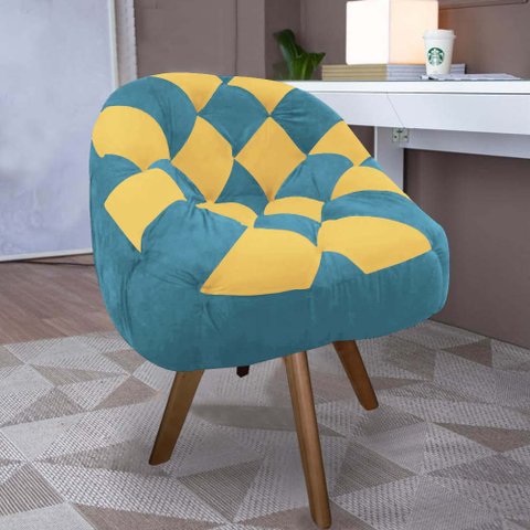 Poltrona Paloma Escritório Sala Giratória Madeira Suede Azul Turquesa e Suede Mostarda - Dominic Dec