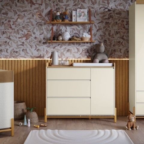 Cômoda com Porta e 3 Gavetas Tess Clean Off White/freijó Eco Wood Matic