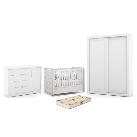 Dormitório Tutto New 2 Portas, Cômoda 1 Porta e Berço Branco Soft com Capitonê e Colchão