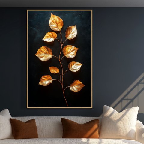 Quadro Decorativo Folhas Douradas Fundo Black Sala Quarto Casa Escritório